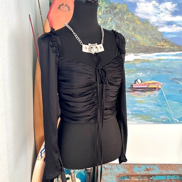 NWT, Chelsea & Violet,Plisse crinkle satin, Ruched,Square neckline,Long sleeves8 - Picture 1 of 13